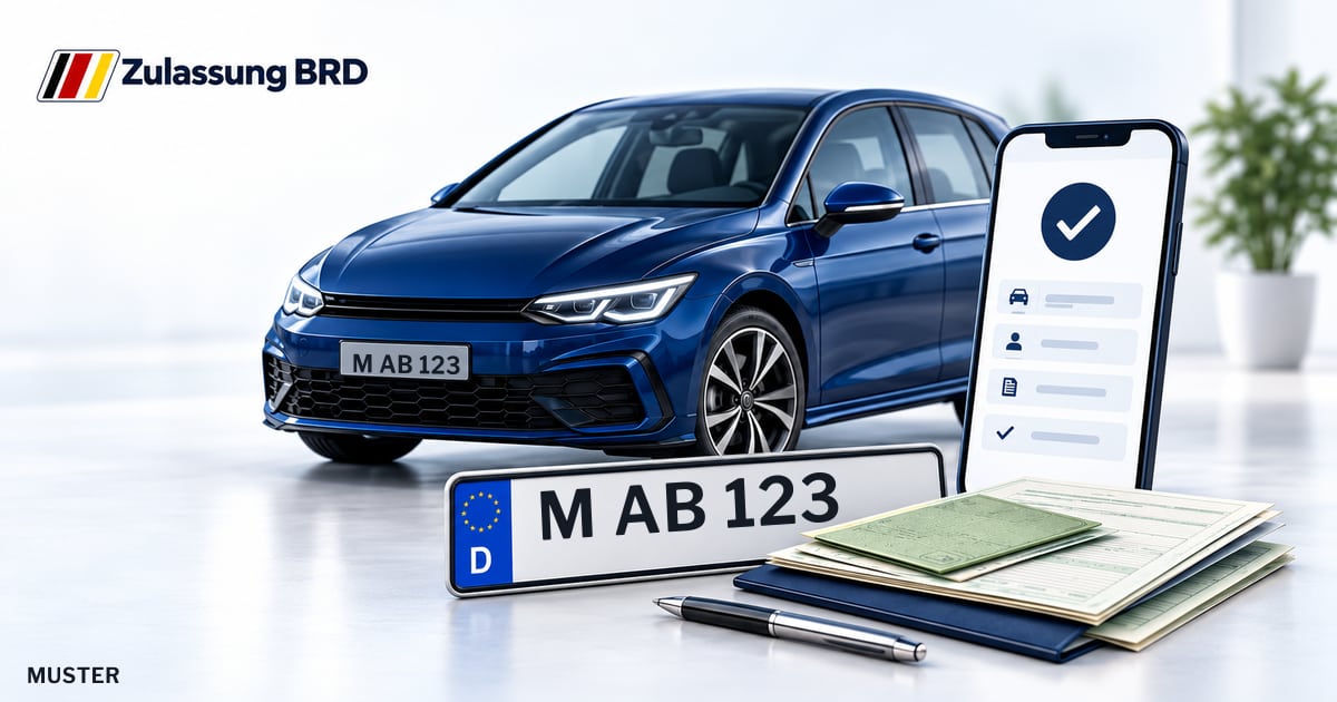 Online Fahrzeugzulassung in Ismaning: Musterkennzeichen M AB 123, Auto und Fahrzeugpapiere und Smartphone. Illustration mit Logo von Zulassung BRD.